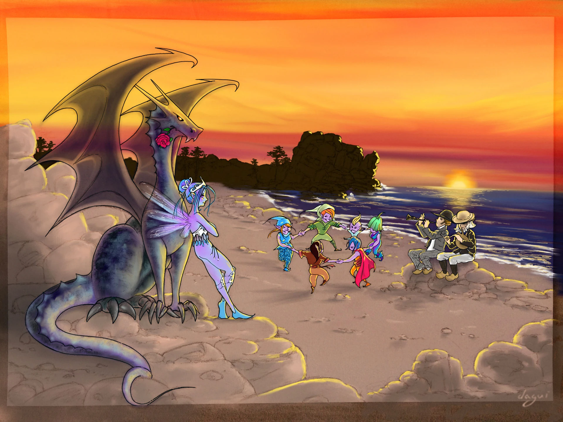 Dragon Fairy And Elves In Britanny drawing finished