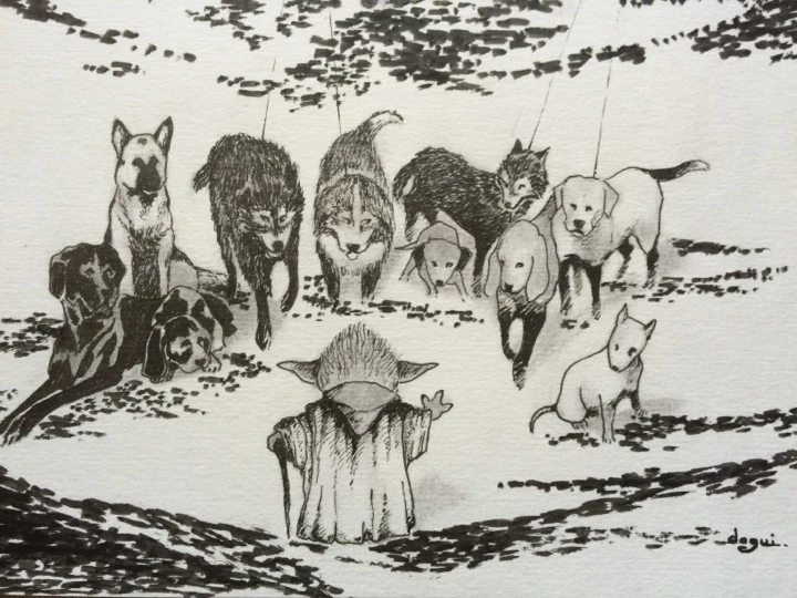 Yoda Walking Dogs finished drawing zoom